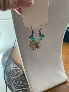 Vintage-Inspired Green Bead Coin Drop Earrings
